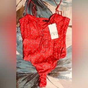 Zara Satin Effect Star Print Red White Stars Stretch Snap Bottom Bodysuit M